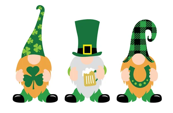 St. Patrick 's Day Gnomes met shamrock & hoefijzer — Stockvector