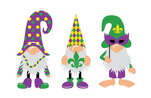 Mardi Gras Gnomes带着面具，跳蚤和心脏 — 图库矢量图片