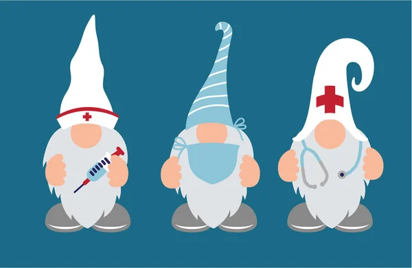 Verpleegster en Doctor Gnomes met stethoscoop & schot — Stockvector