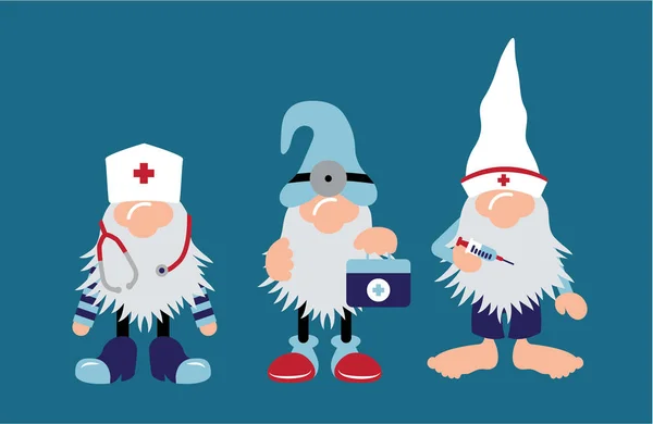 Nurse and Doctor Gnomes with stethoscope & shot — Stock Vector