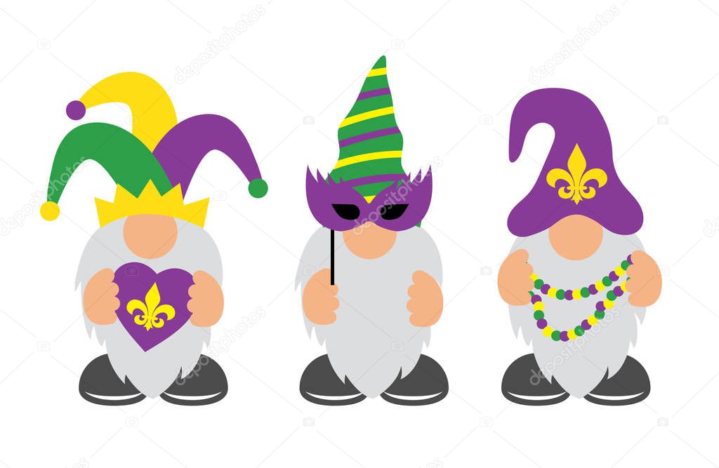 Mardi Gras Gnomes with mask, fleur de lis, & heart