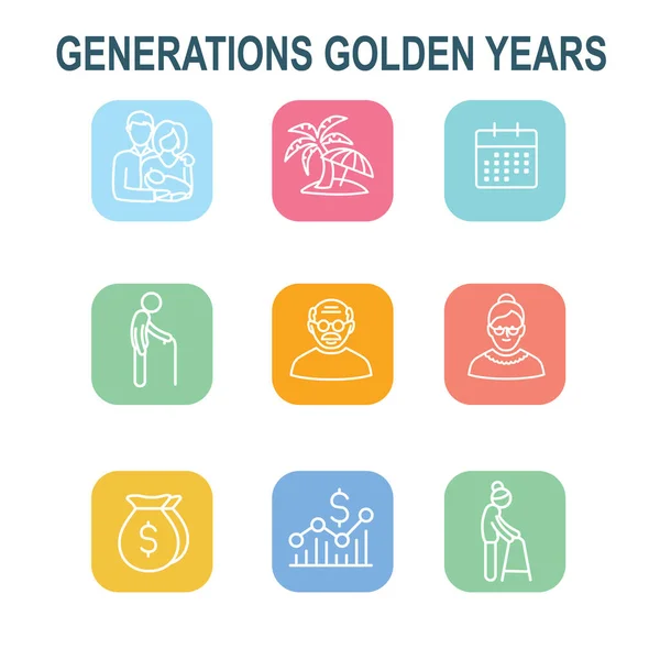 Gerações Golden Years Icon Set Com Calendário Aposentadoria Dinheiro Etc —  Vetores de Stock