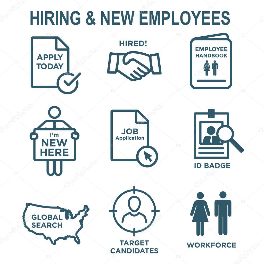 Hiring and Employees icons w job related images showing hiring