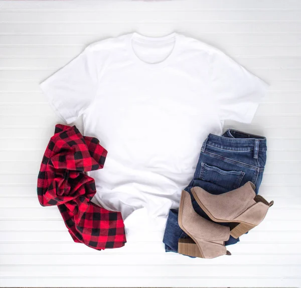 Christmas Shirt Mockup White Tshirt Buffalo Plaid Scarf Boots Jeans — Stock Photo, Image