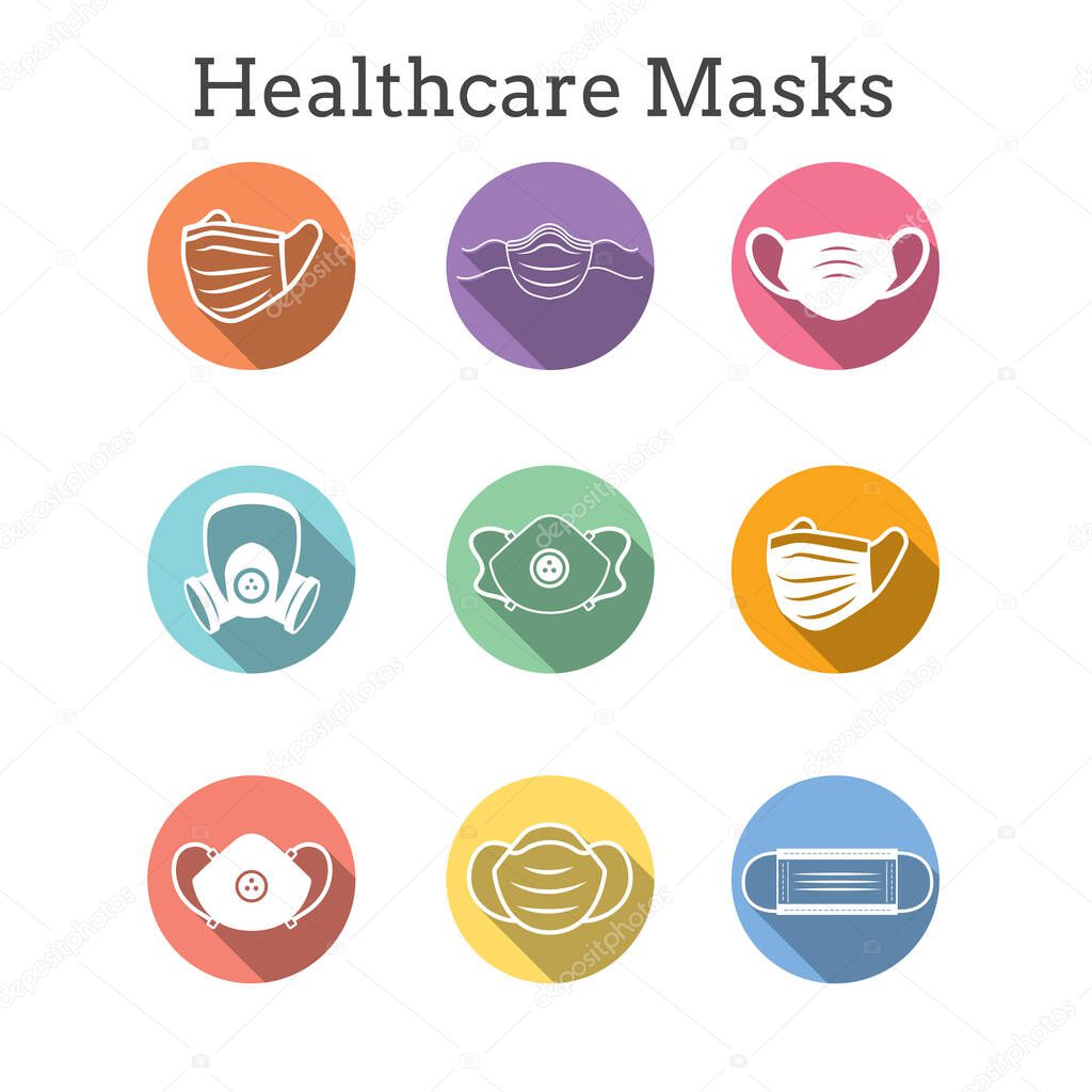 Sanitation & protection facemask ppe icon set with respiratory face masks 