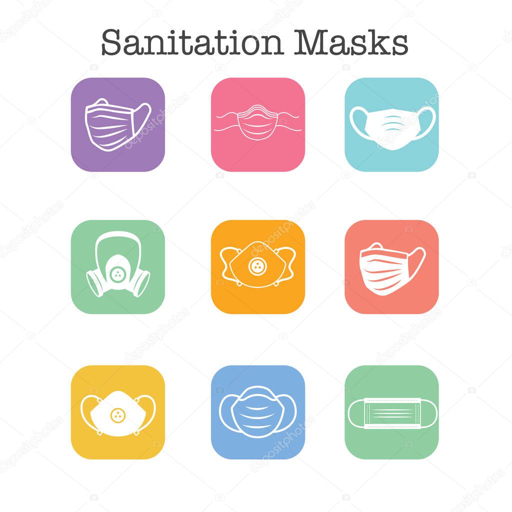 Sanitation & protection facemask ppe icon set with respiratory face masks 