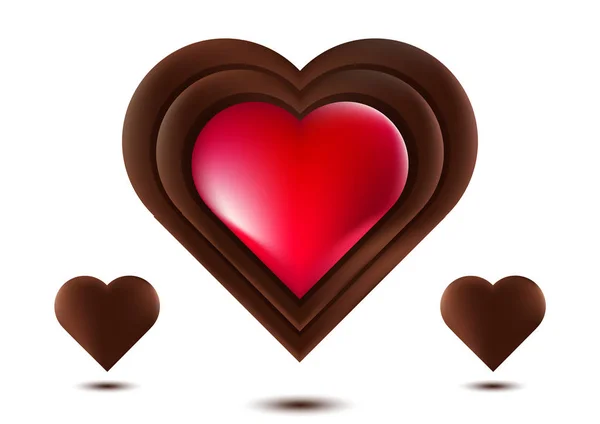 Čokoládové srdce, červené čokoládové srdce, izolované na bílém pozadí, vektorové ilustrace — Stockový vektor