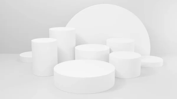 Beyaz stüdyo odasındaki geometrik silindir şekilli arka plan, podyum görüntüleme veya vitrin için minimalist model, 3D görüntüleme.