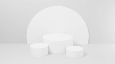 Beyaz stüdyo odasındaki geometrik silindir şekilli arka plan, podyum görüntüleme veya vitrin için minimalist model, 3D görüntüleme.