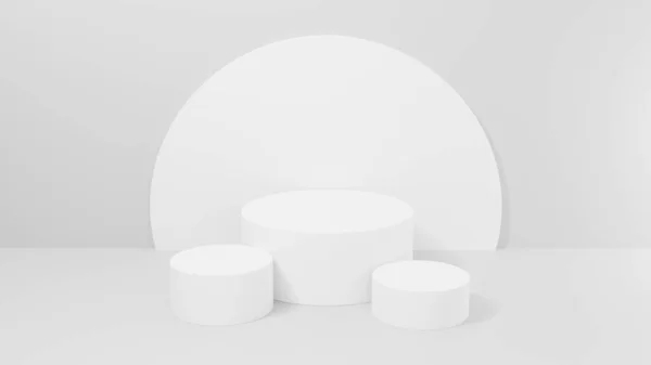 Beyaz stüdyo odasındaki geometrik silindir şekilli arka plan, podyum görüntüleme veya vitrin için minimalist model, 3D görüntüleme.