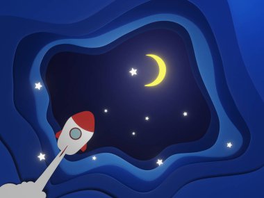 Kağıt kesiği şeklinde roket ve gece gökyüzü. Üç boyutlu arka plan, karanlık bulutlu manzaralı yıldızlar ve ay kağıt kesim sanatı. Yıldızlı gökyüzü. Şirin karton origami bulutları. 3d oluşturma.