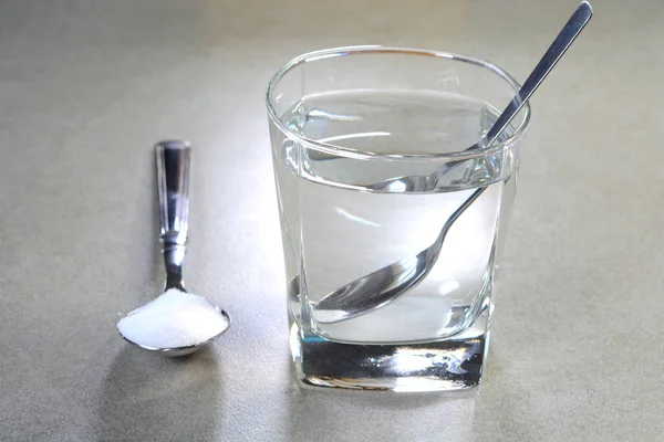 Salt Water Glass Cup Salt Teaspoon Salt Water Has High — Stock Photo, Image