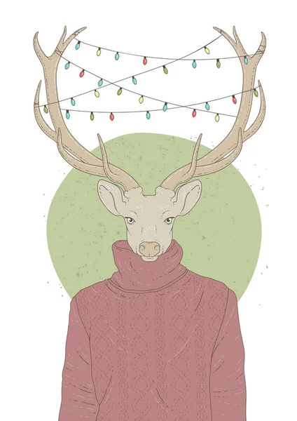 Illustratie met het portret van herten in pullover en Kerstmis garland — Stockvector