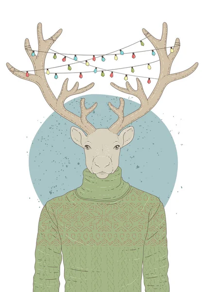 Εικονογράφηση με το πορτρέτο του ταράνδου σε πουλόβερ και Χριστουγεννιάτικη γιρλάντα — Διανυσματικό Αρχείο