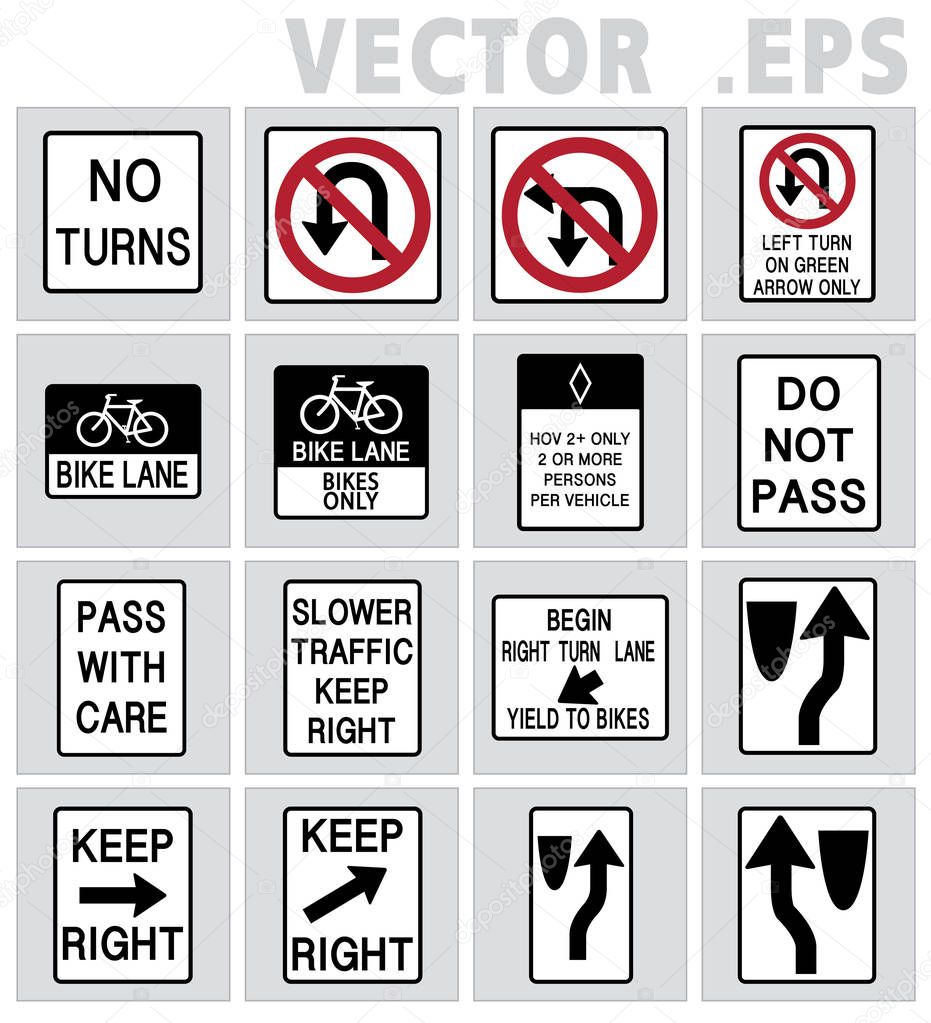 Traffic road sign set. No Turn, Bike lane,  pass withj care. Vector Art, illustration design.