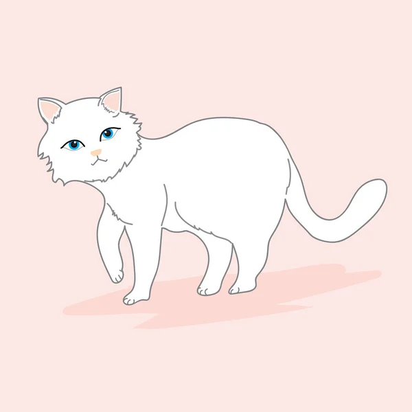 猫图解的一部分 可爱的白猫在散步 它有蓝眼睛和苍白的粉红鼻子 它在浅色的地板上 手绘艺术 — 图库矢量图片