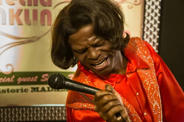New York City, ABD 13 Temmuz 2013: James Brown balmumu heykeli New York Times Meydanı 'ndaki Madame Tussauds balmumu müzesinde.