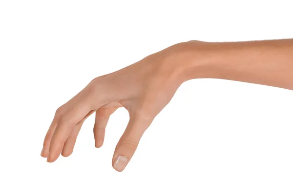 Isolierte leere offene weibliche Hand in einer Position auf weißem Hintergrund — Stockfoto
