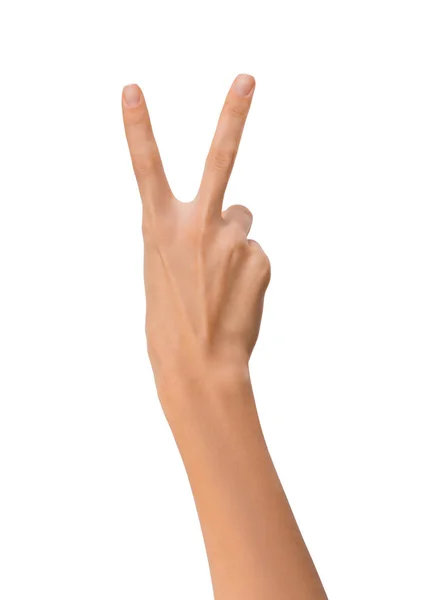 Isolé vide ouvert femme femelle main en position de paix signe sur un fond blanc — Photo