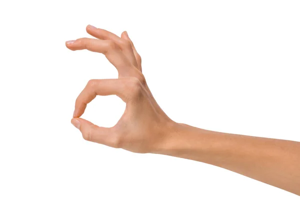Lege open vrouw vrouwelijke hand in een Ok geïsoleerde positie op een witte achtergrond — Stockfoto