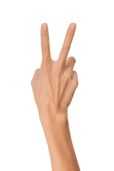 Απομονωμένη άδειο ανοιχτό γυναίκα γυναικείο χέρι στη θέση του το σήμα της ειρήνης σε λευκό φόντο — Φωτογραφία Αρχείου