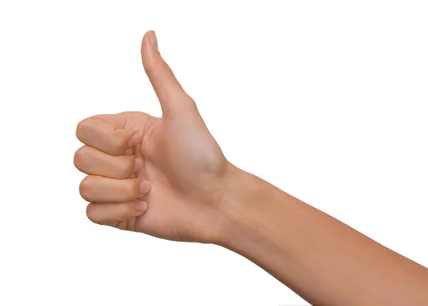 Isolierte leere offene weibliche Hand in Daumen-hoch-Position auf weißem Hintergrund — Stockfoto
