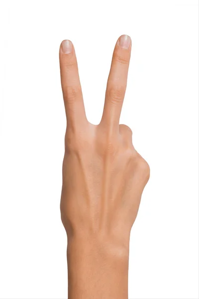 Isolé vide femme ouverte main féminine en position de paix signe et numéro deux sur un fond blanc — Photo