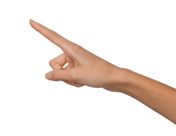 Isolé vide femme ouverte main féminine dans une position de pointe sur un fond blanc — Photo