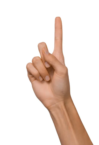 Isolierte leere offene weibliche Hand in der Position der Nummer eins auf weißem Hintergrund — Stockfoto