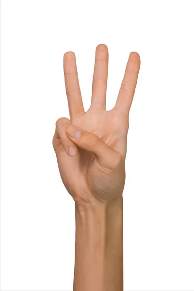 Απομονωμένη άδειο ανοιχτό γυναίκα γυναικείο χέρι σε θέση αριθμός τρία σε λευκό φόντο — Φωτογραφία Αρχείου