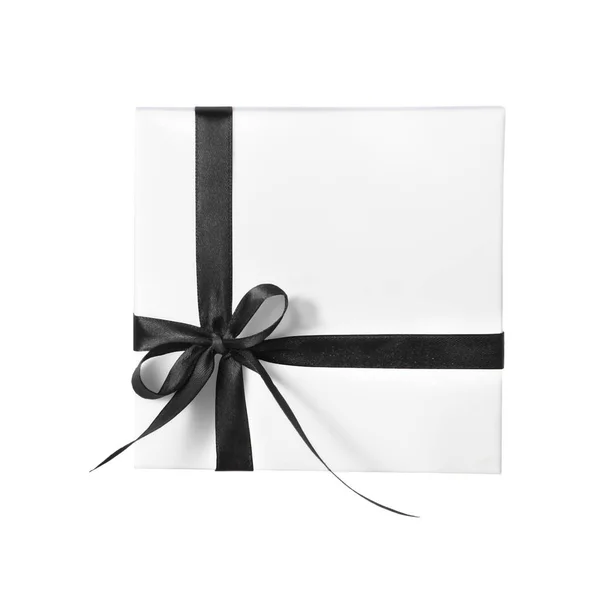 Isolated Holiday Present White Box with Black Ribbon — Stock Photo, Image