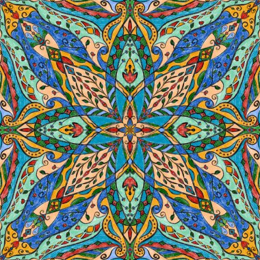 Elle çizilmiş eski bir süs. Geometrik süs, renkli fayanslar, azulejo. Kusursuz tasarım