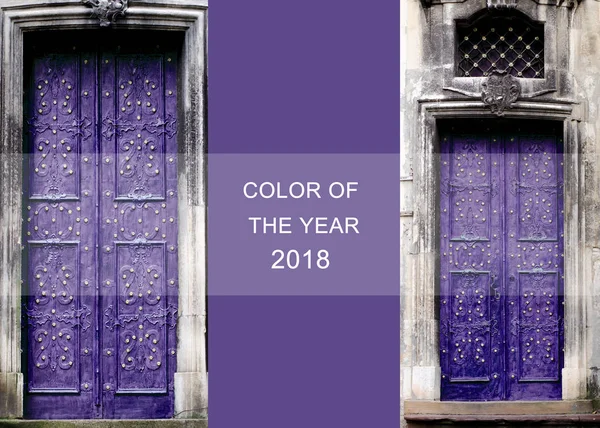 Модная Цветовая Концепция Комплект Ультрафиолетовым Цветом Архитектуре Металлические Ворота Старом — стоковое фото