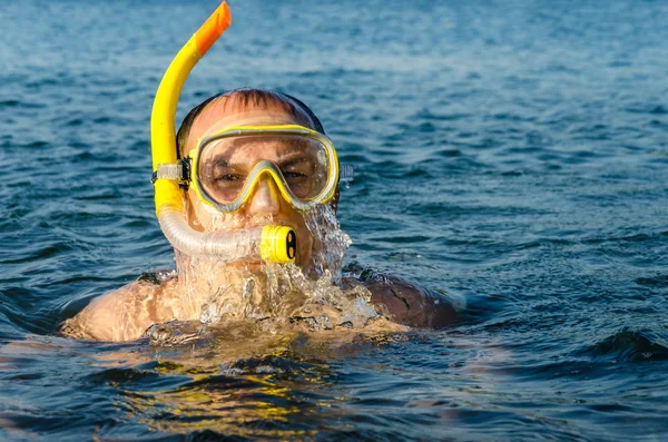 Portrait Smiling Young Man Yellow Swim Mask Goggles Tube Breathing — Stock Photo, Image