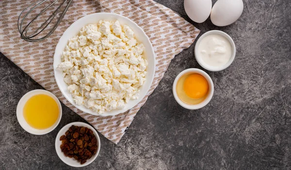 Zutaten Für Hausgemachte Käsekuchen Auf Steingrund Ansicht Von Oben Kopierraum — Stockfoto