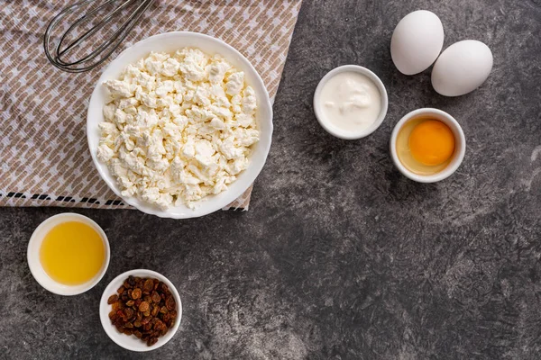 Zutaten Für Hausgemachte Käsekuchen Auf Steingrund Ansicht Von Oben Kopierraum — Stockfoto