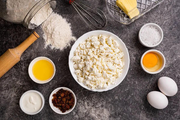 Zutaten Für Hausgemachte Käsekuchen Backstube Hintergrund Ansicht Von Oben — Stockfoto