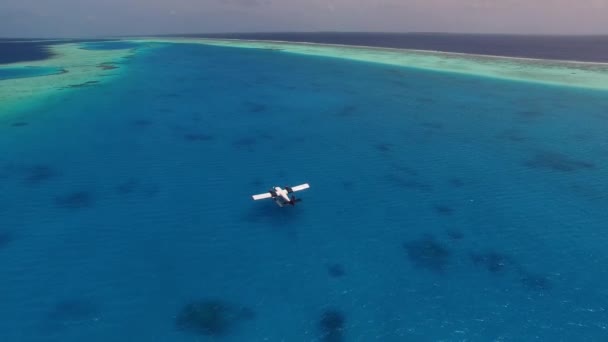 Vista aerea del paesaggio tropicale idrovolante parcheggio in mare vicino alla barriera corallina — Video Stock