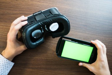 Sanal gerçeklik, Vr, kask ve smartphone ile yeşil perde anahtar chroma ekran için