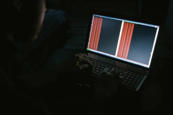 Hackeador ruso hackeando el servidor en la oscuridad — Foto de Stock