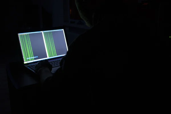 Russische Hacker hacken Server im Dunkeln — Stockbild Russische Hacker hacken Server im Dunkeln — Stockfoto