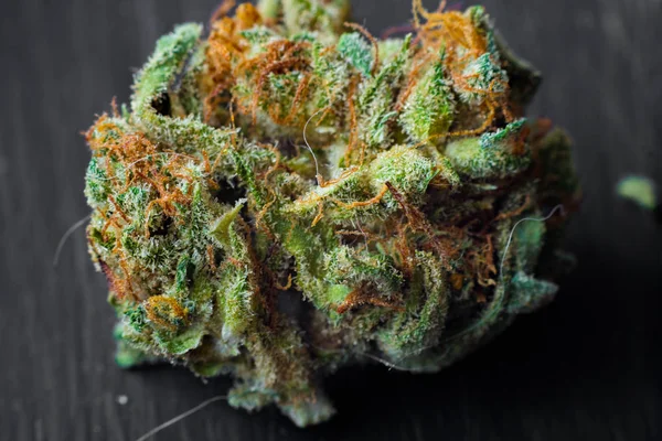 Macro fotos de conos de cosecha de marihuana con hojas cubiertas con tricomas. La planta de cannabis clse view . — Foto de Stock
