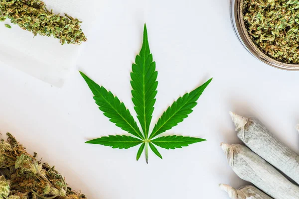 Joint und Mühle, Blatt Cannabis, Knospen Marihuana — Stockfoto