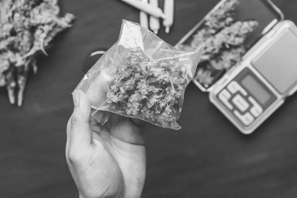 Um traficante de drogas tem um pacote de maconha em uma maconha escura preto e branco — Fotografia de Stock