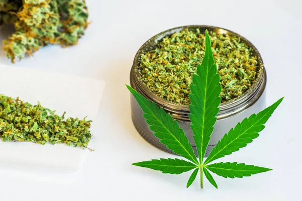 大麻、マリファナ、共同の芽、グラインダーの葉 — ストック写真