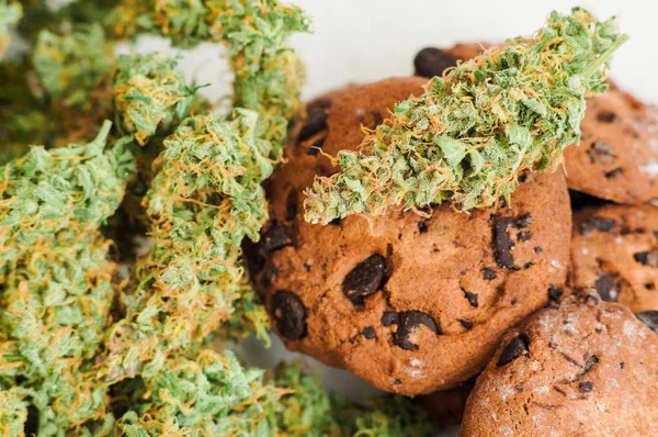 Cookies με κάνναβη και μπουμπούκια μαριχουάνα στο τραπέζι. Έννοια της μαγειρικής με την κάνναβη βότανο. Θεραπεία της ιατρικής μαριχουάνα για χρήση σε τρόφιμα σε λευκό φόντο — Φωτογραφία Αρχείου