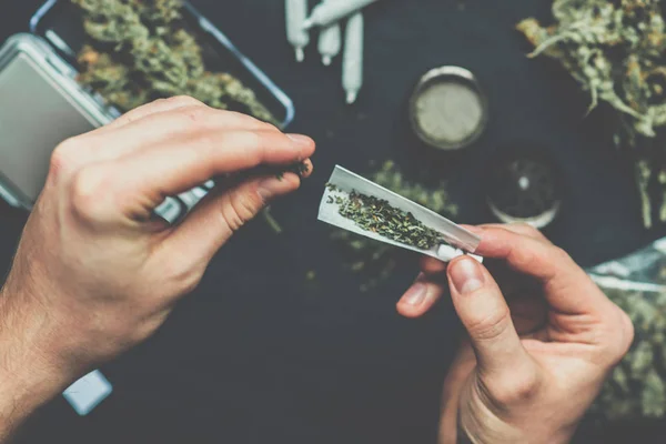 El hombre enrolló la articulación de marihuana fresca hierba,? oncepts de brotes de cannabis color vintage —  Fotos de Stock