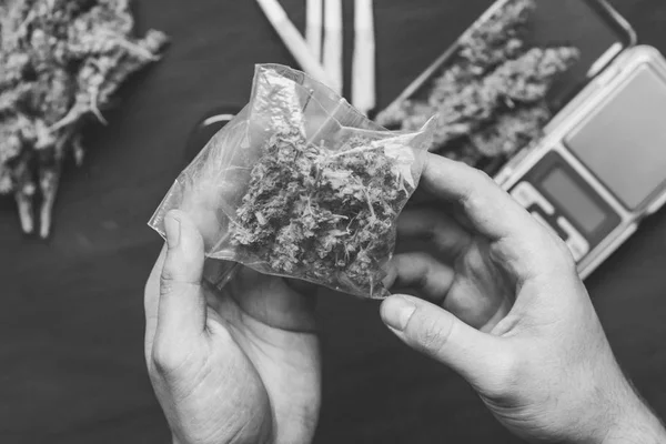 Een drugdealer houdt een pakje marihuana onkruid op een donkere cannabis zwart-wit — Stockfoto