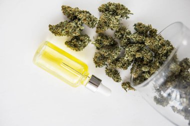 Pipette esrar yağı, tıbbi marihuana konsepti, yakın plan, CBD kenevir yağı, doğal bitki,