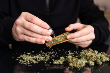 Esrarkeşin çakmakla esrar içtiği yeri kapatın. Esrar saran bir adam. Marihuana hazırlayan ve yuvarlayan adam.